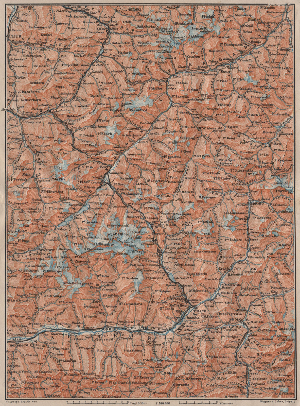ENGADINE/VAL TELLINA. Davos Arosa Sils Bormio Livigno Sondrio Chur 1911 map